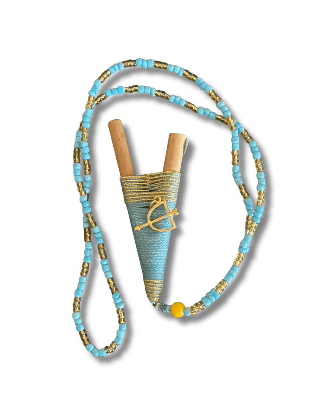 Kuripé Necklace Amazonian Handmade Bamboo Rapé Pipe (Light blue and gold accents)