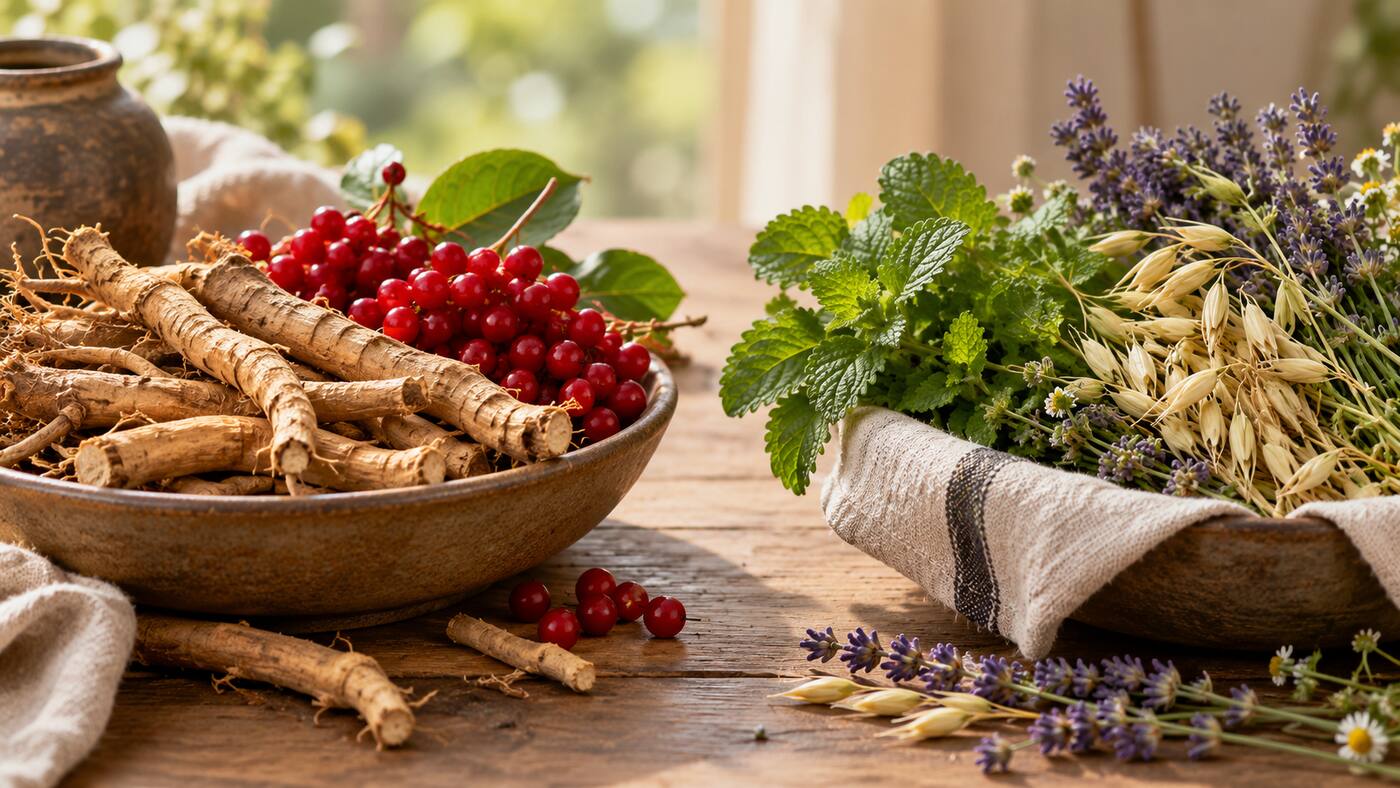 Robust adaptogenic roots and berries beside delicate nervine leaves, oat tops and lavender