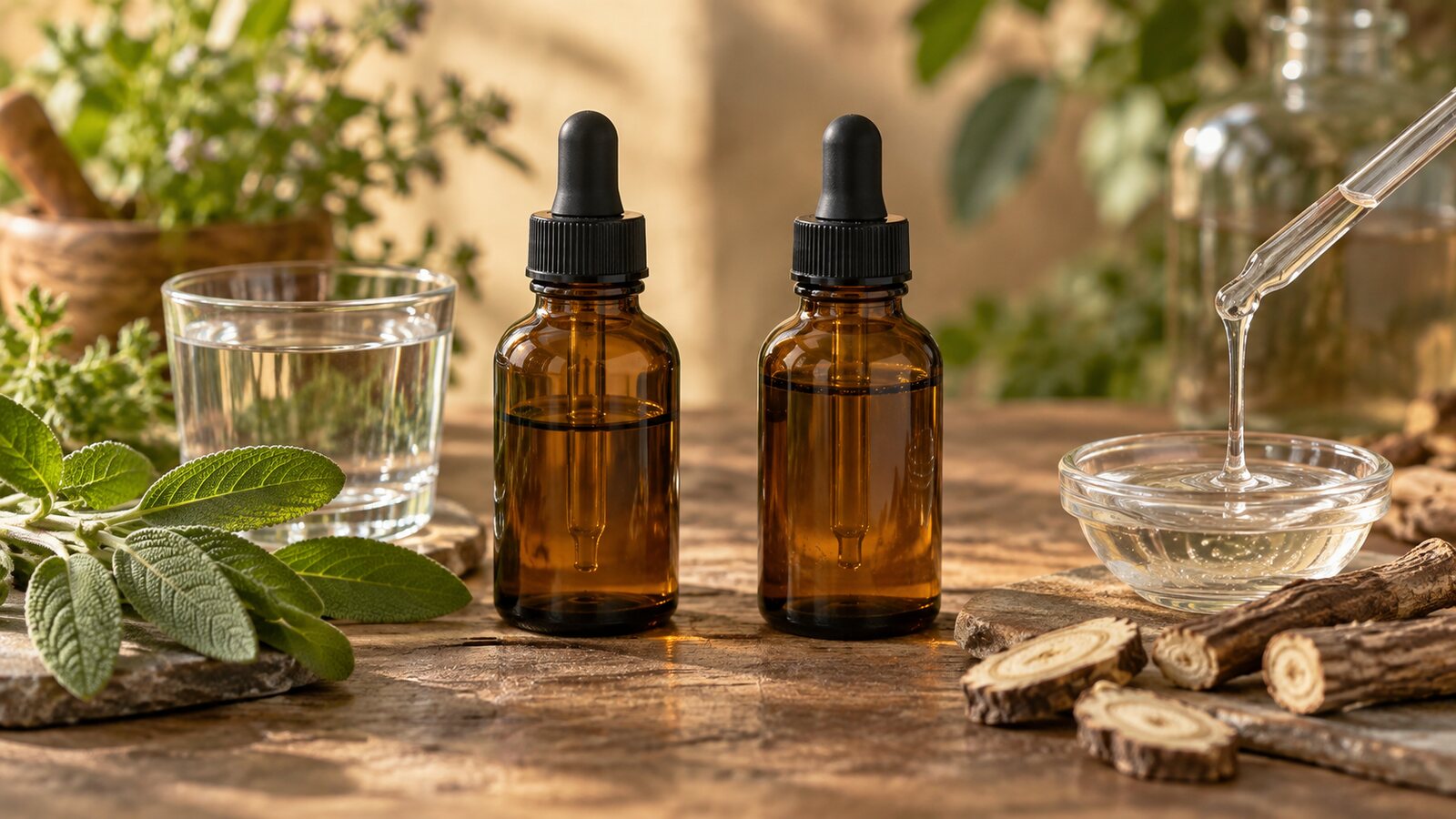 Two amber botanical extract bottles beside water, glycerin, leaves and roots