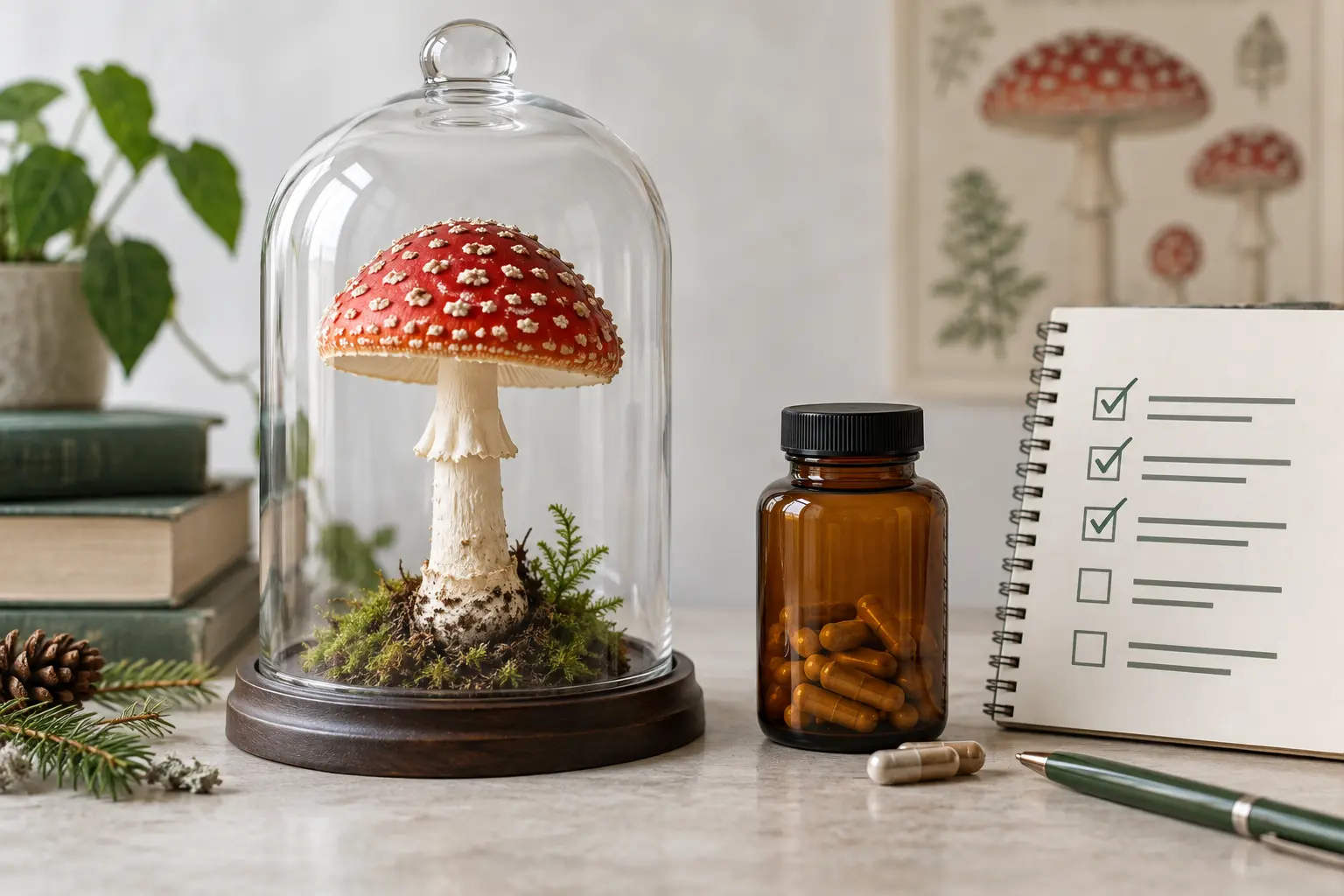 Amanita muscaria mushroom under glass beside an amber capsule bottle and safety checklist
