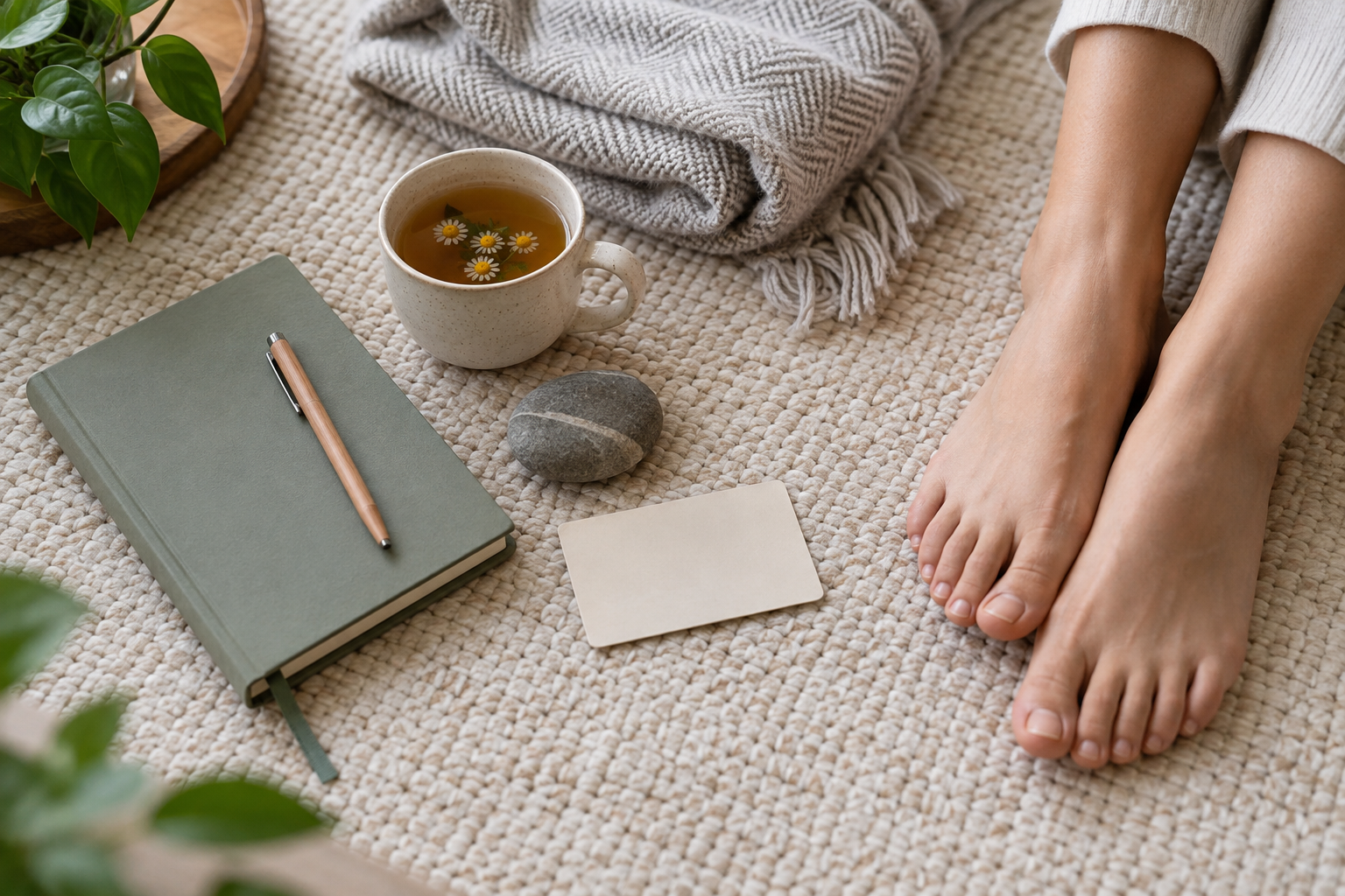 Grounding toolkit with journal, tea, blanket and smooth stone