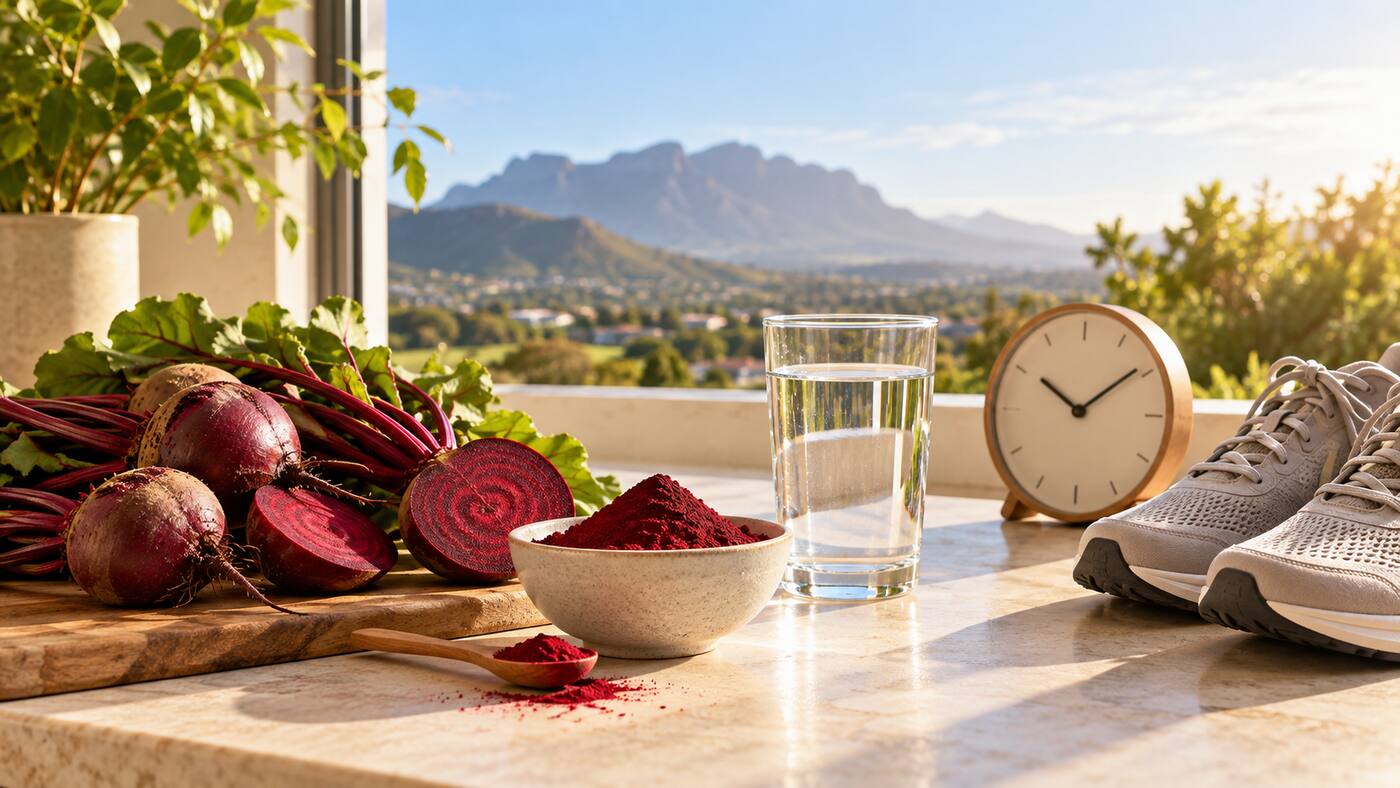 Fresh beetroot, beetroot powder, water, running shoes and a clock representing timing before exercise