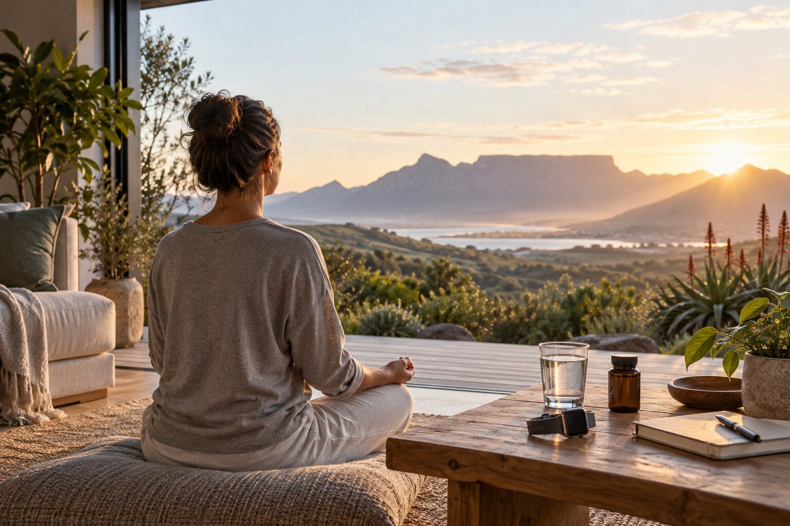 Woman practising calm breathing at sunrise with a wellness journal and fitness tracker
