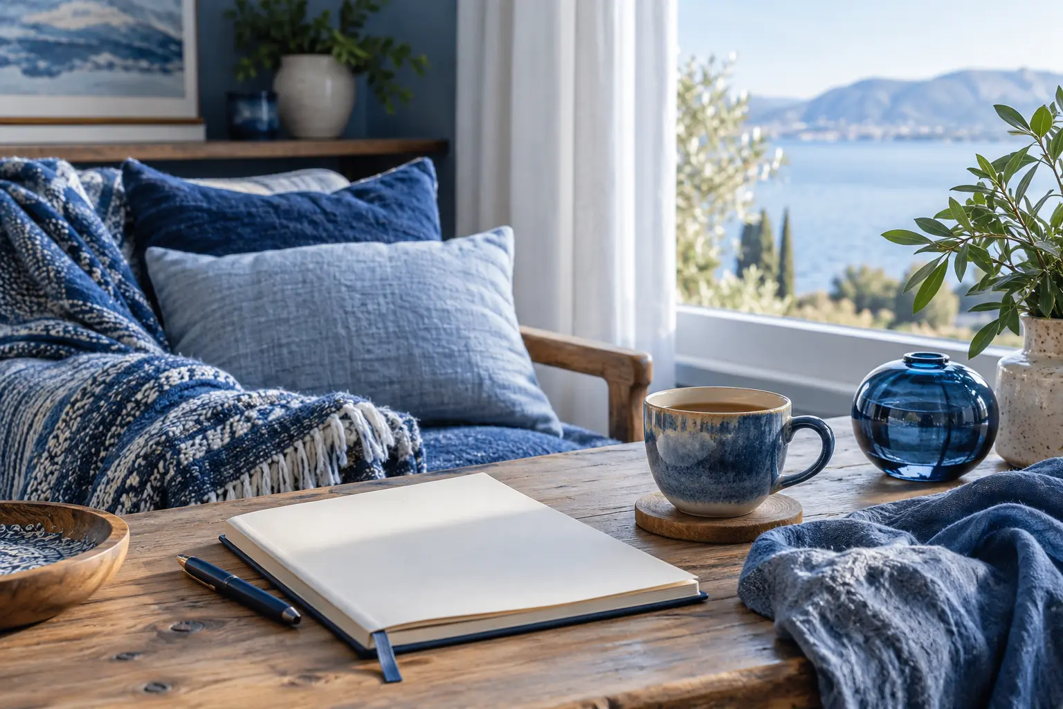 Calm blue-toned room with layered textiles, a blank journal, tea cup and blue glass object