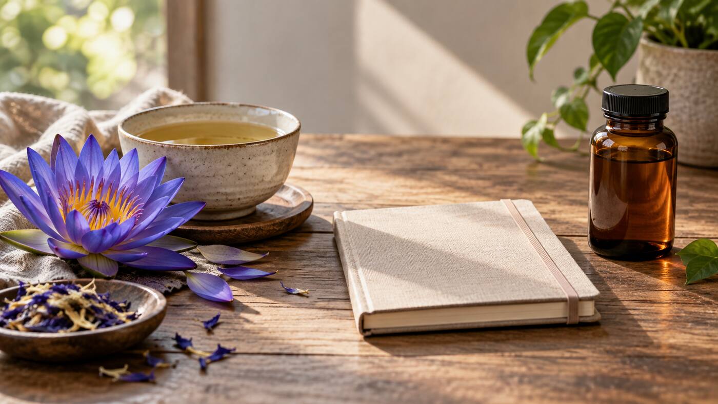 Blue lotus flower and botanical tea separated from a closed amber medicine bottle by a notebook