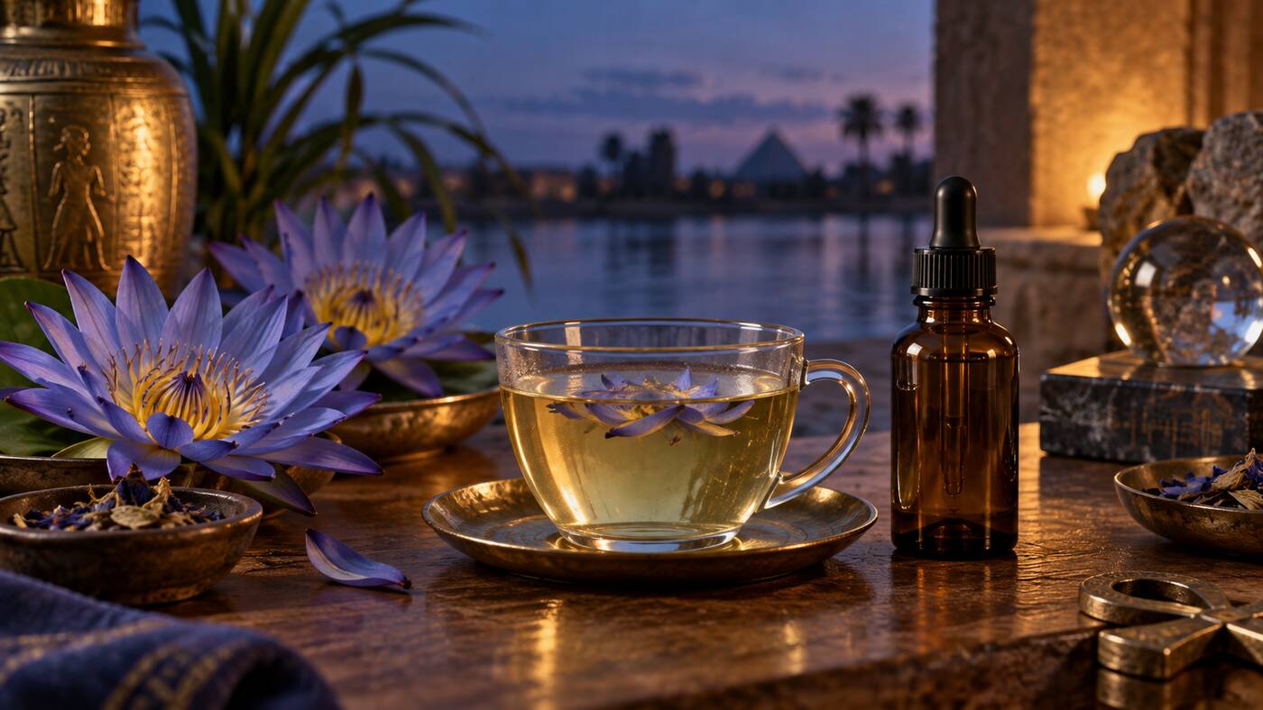 Blue lotus flowers with a cup of botanical tea and an amber tincture bottle