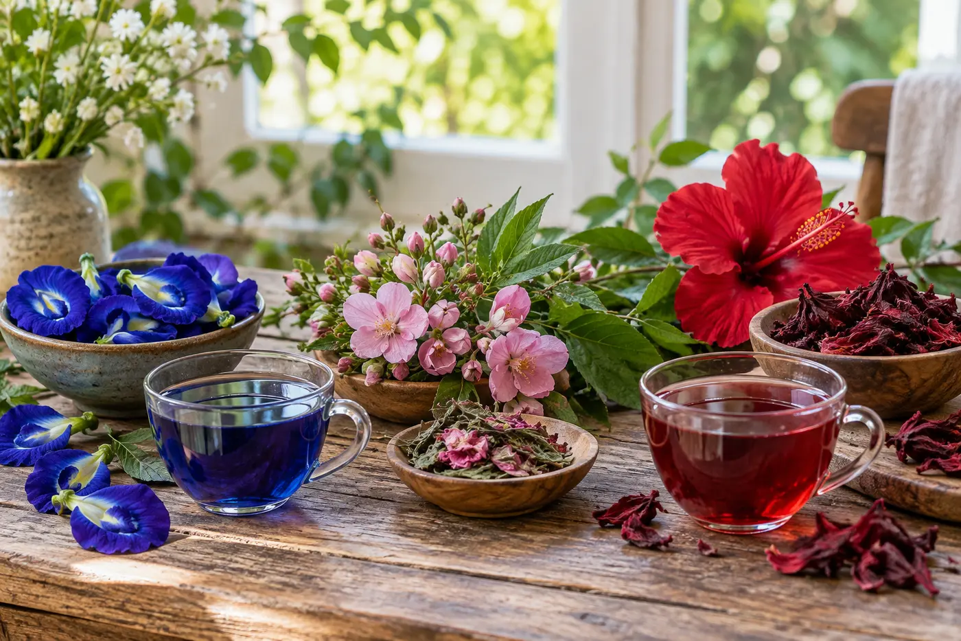 Blue pea flowers, Bobinsana botanicals and red hibiscus tea arranged on a natural table