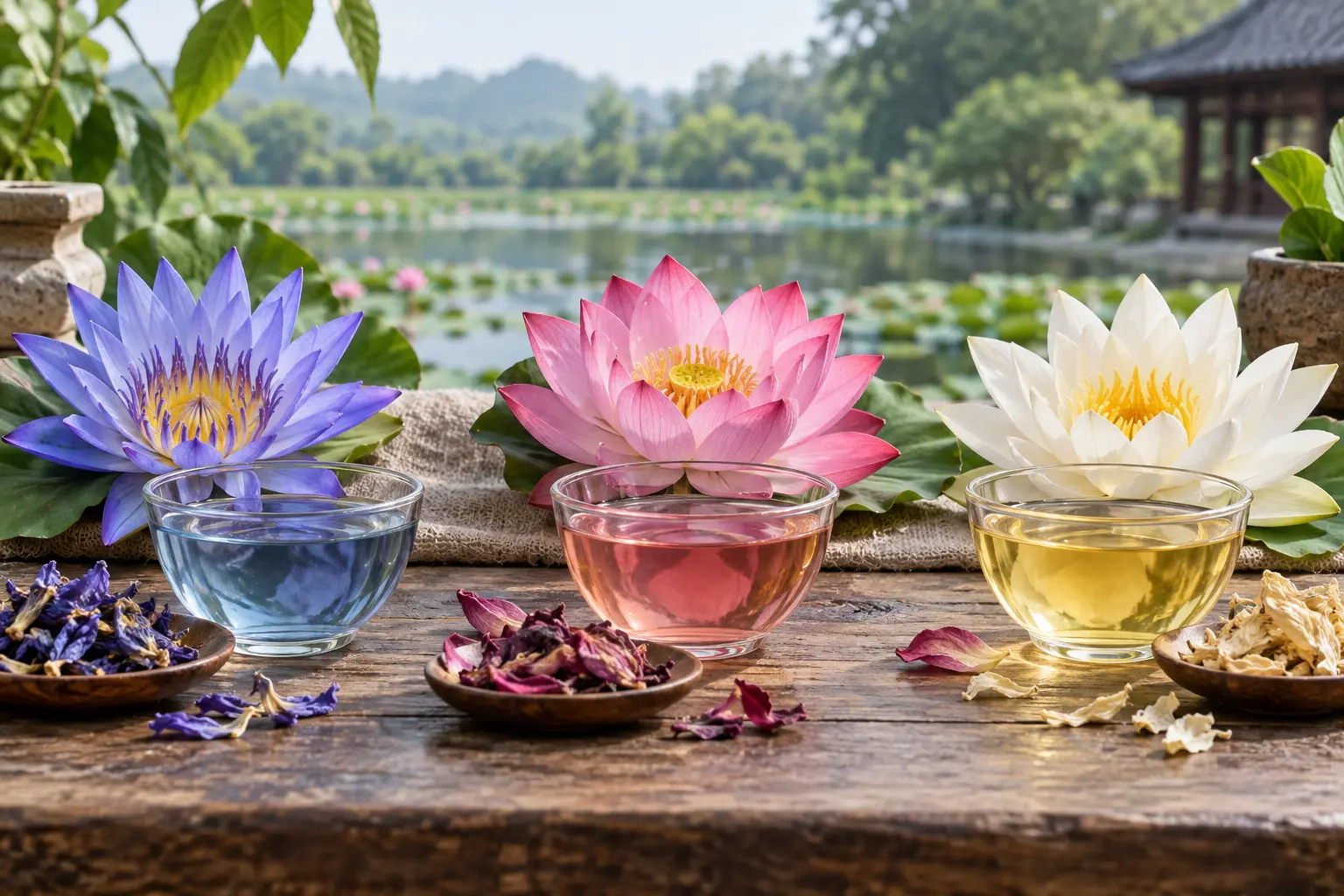 Blue, pink and white lotus flowers displayed with three differently coloured botanical teas
