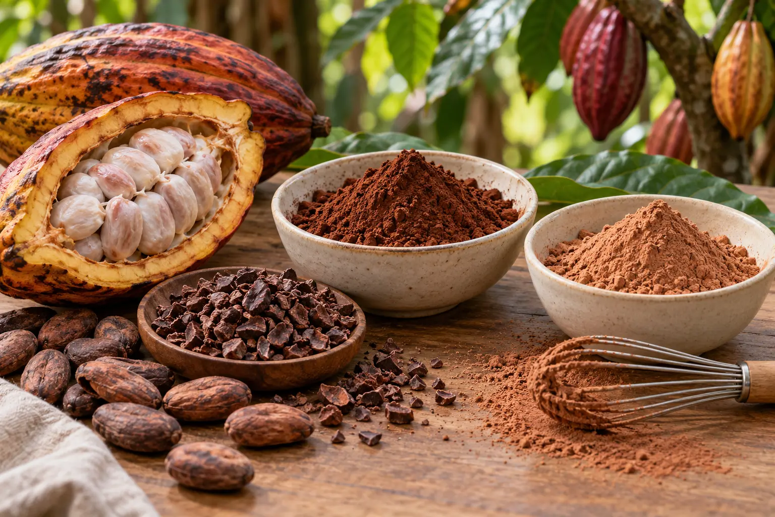 Opened cacao pod, cacao beans, nibs and two bowls of differently processed cacao and cocoa powder