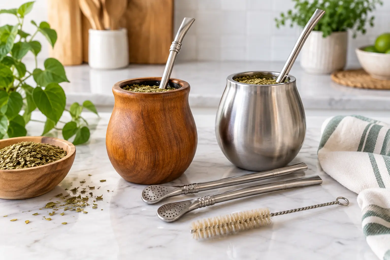 Wooden and stainless-steel Yerba Maté gourds, bombillas, cleaning brush and cloth
