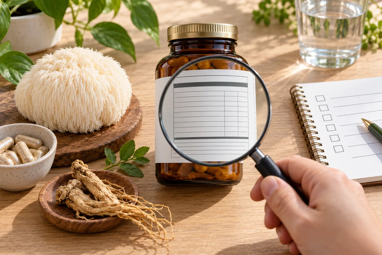 Magnifying glass examining an unbranded supplement label beside Lion's Mane mushroom, botanical root and checklist