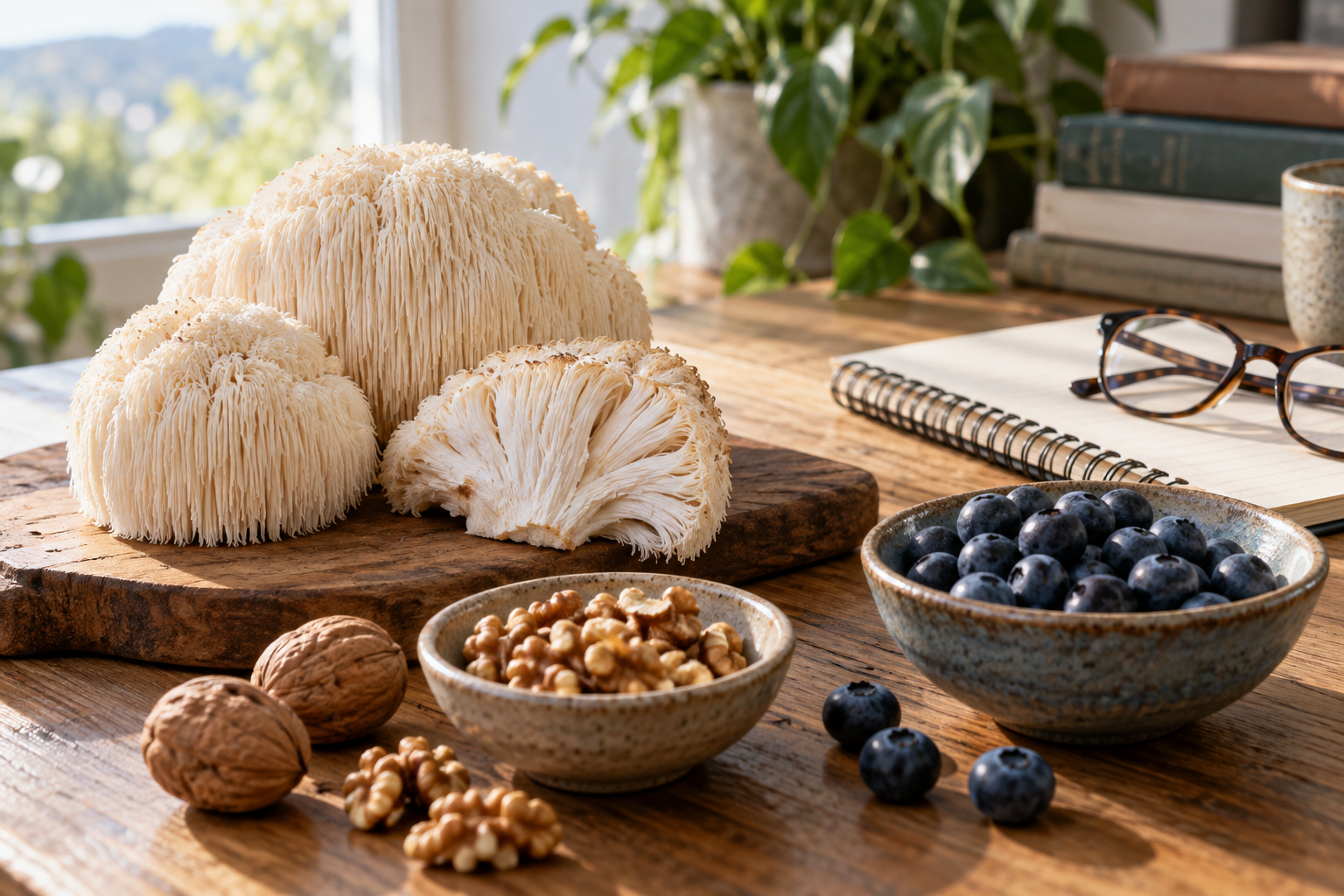 Lion's mane mushrooms, walnuts and blueberries on a desk