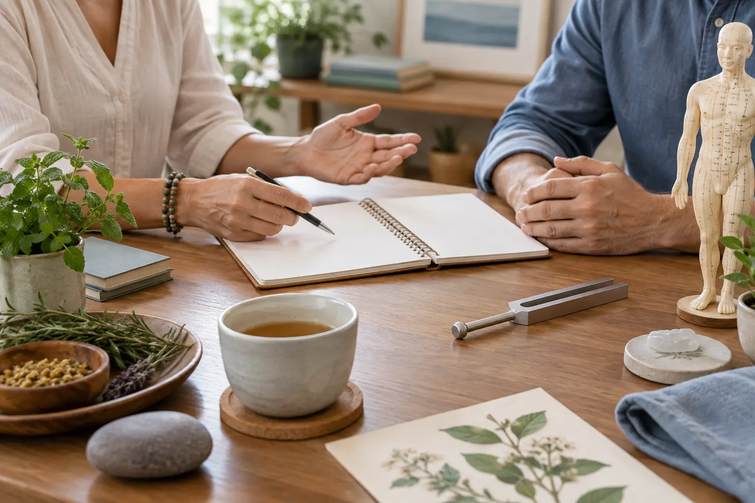 Two adults discussing a care plan beside a tuning fork, botanical specimen and anatomical model