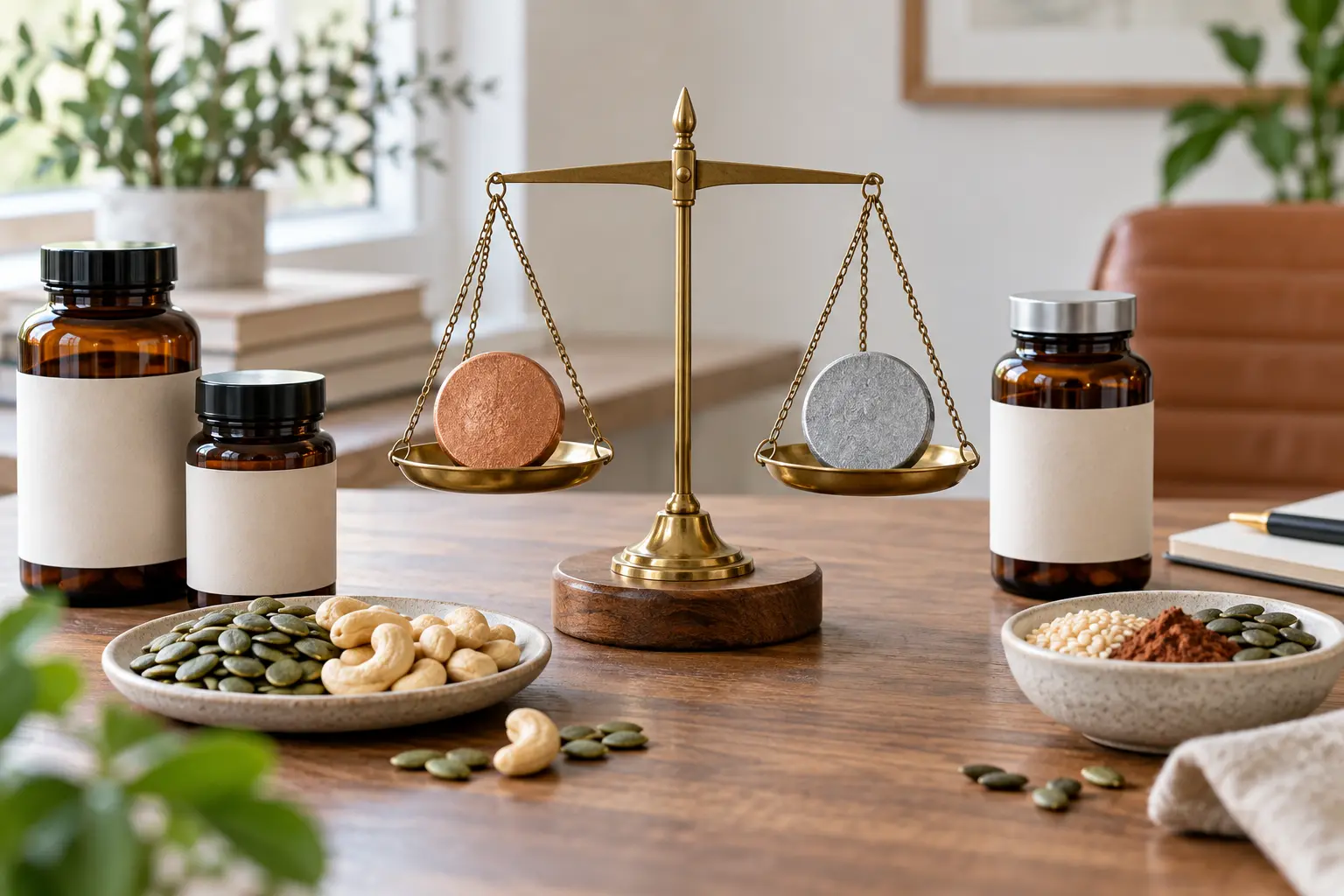Balance scale holding copper-coloured and zinc-grey discs beside unlabelled supplements and food sources