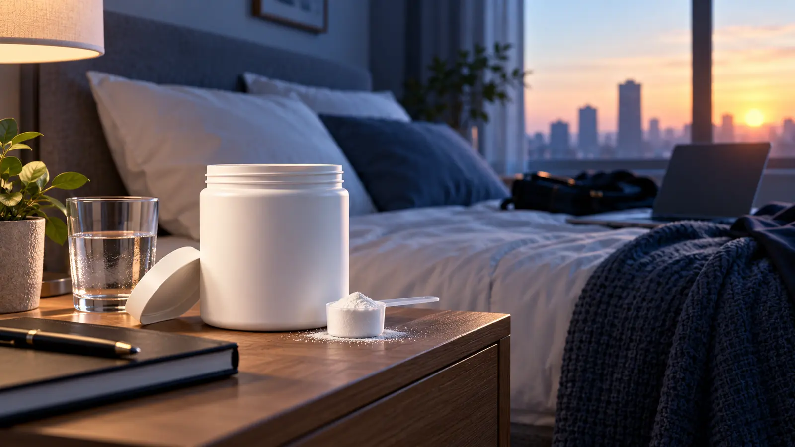 Unbranded creatine powder and water beside a bed at sunrise