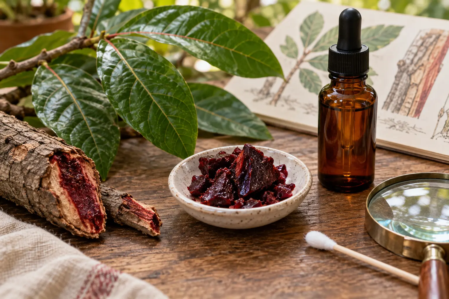Croton lechleri leaves, bark and deep red resin beside an amber dropper bottle and magnifying glass