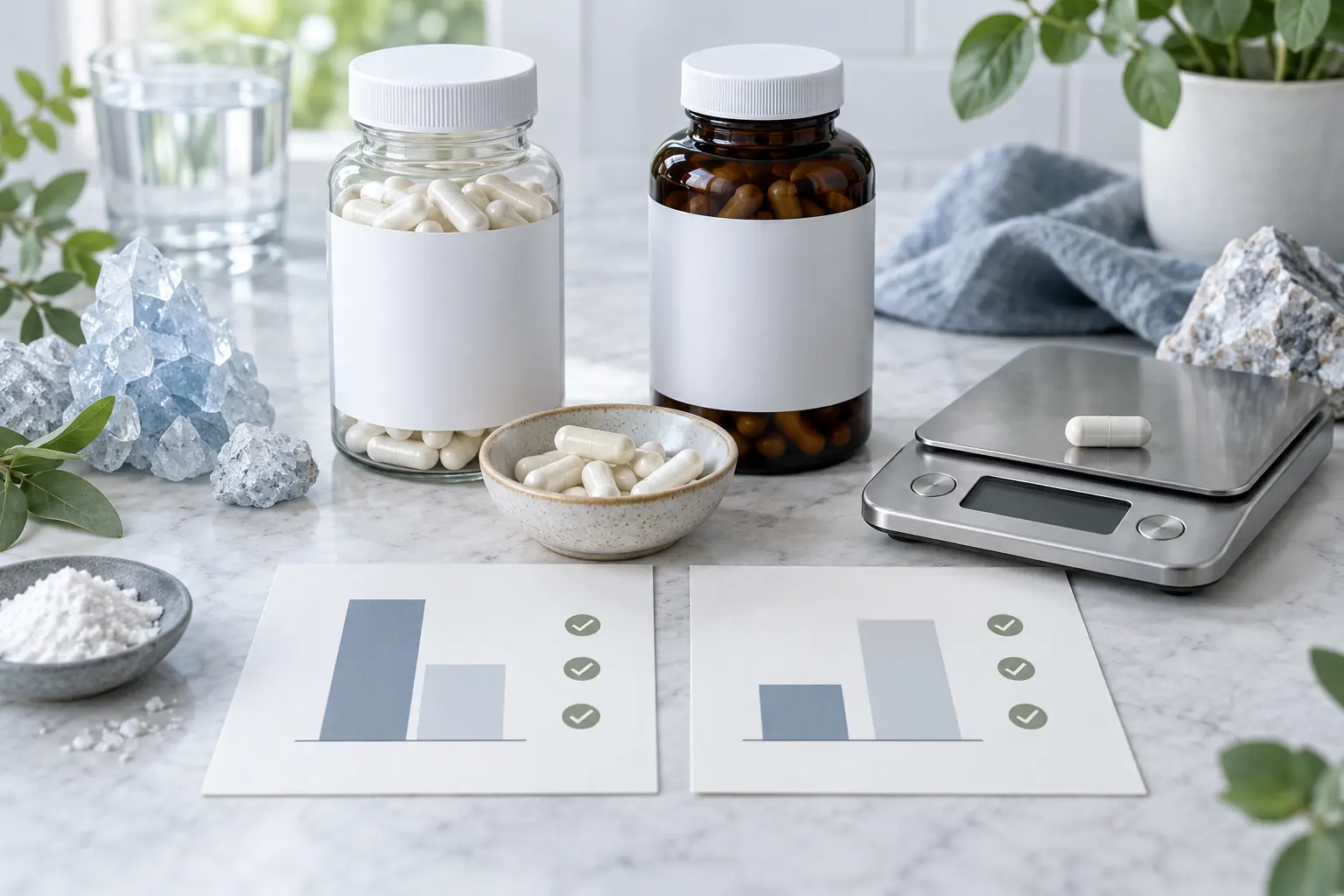 Two unlabelled magnesium supplement bottles beside a scale, capsules and comparison cards