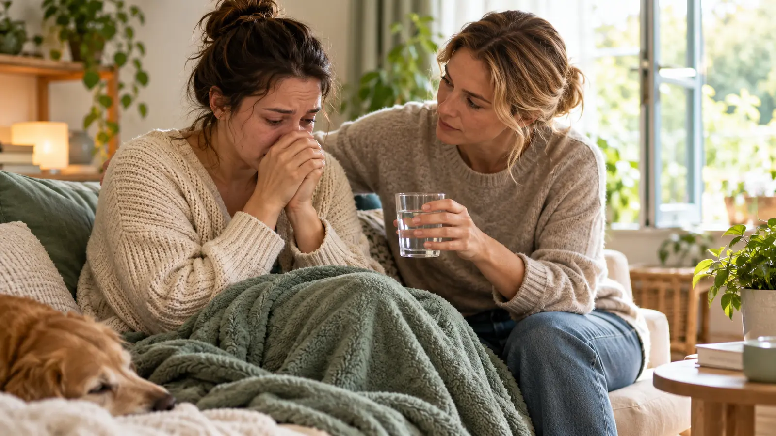 Supportive friend offering water and quiet presence to an overwhelmed woman at home