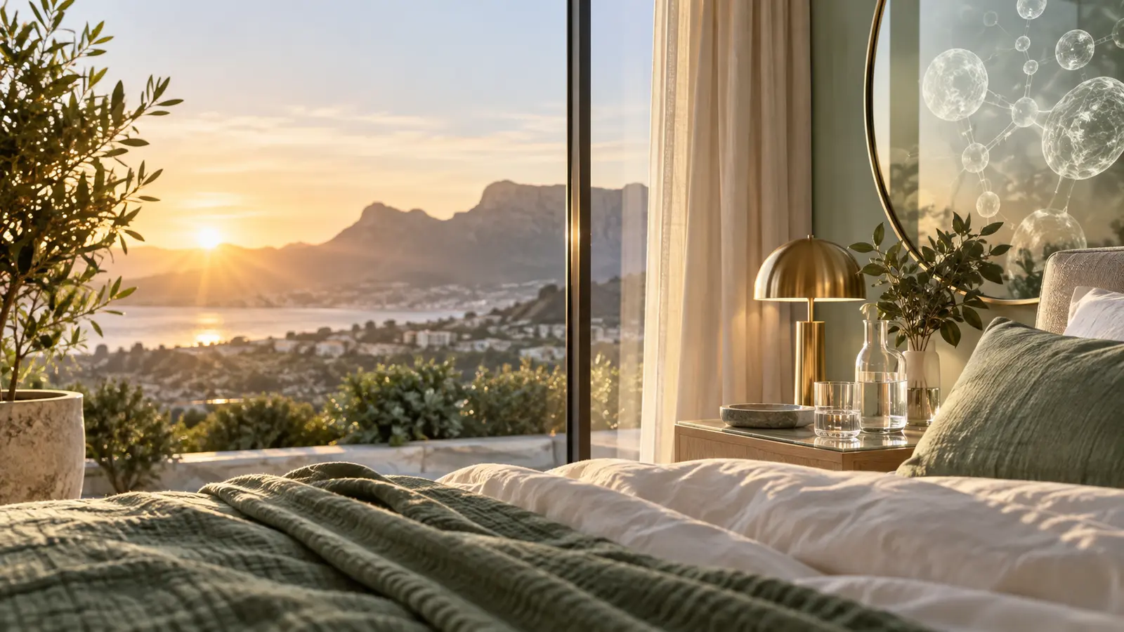 Sunrise beside a calm bedroom and an abstract cellular pattern