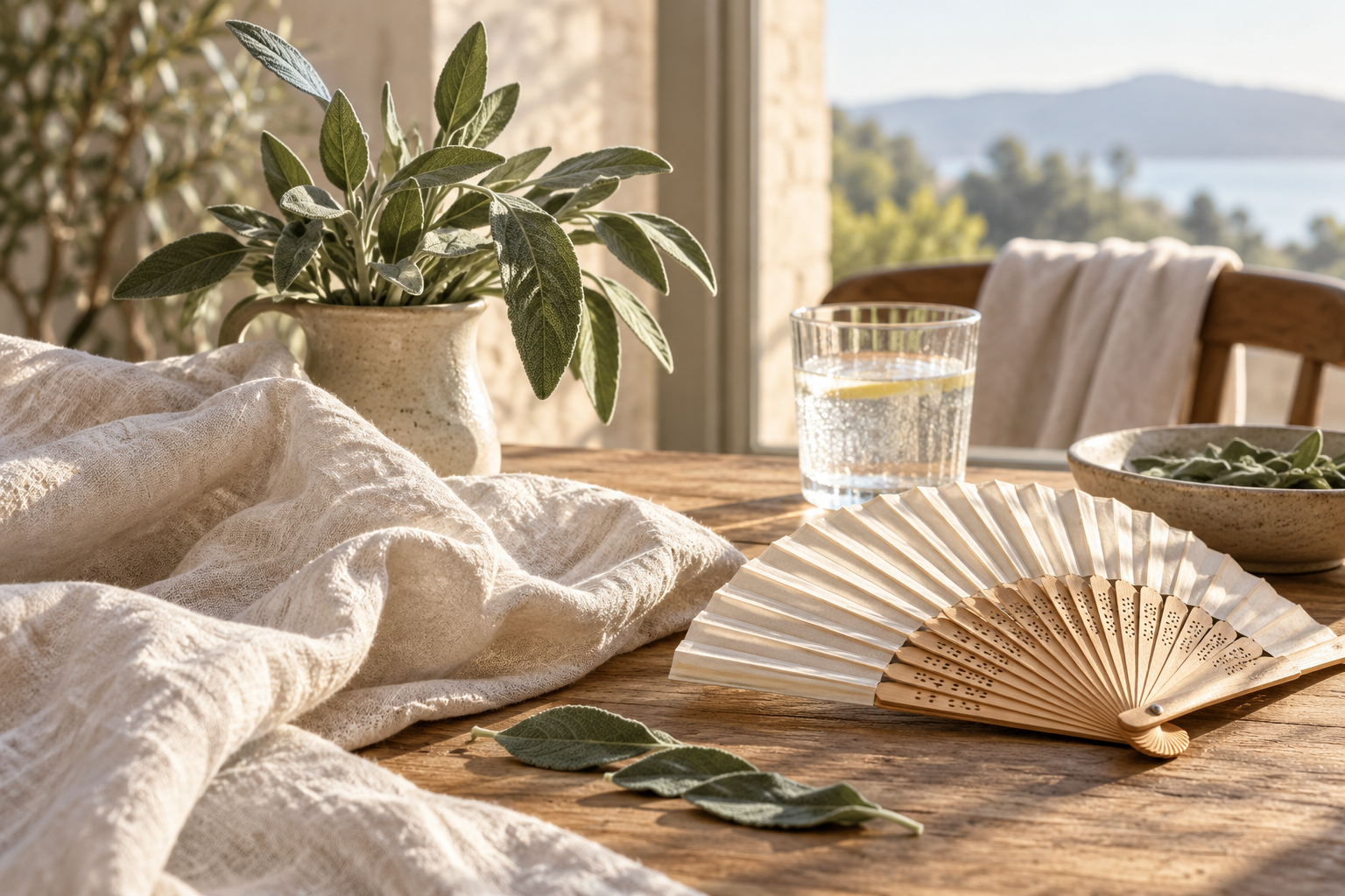 Cooling linen, sage and water in soft light for a menopause guide