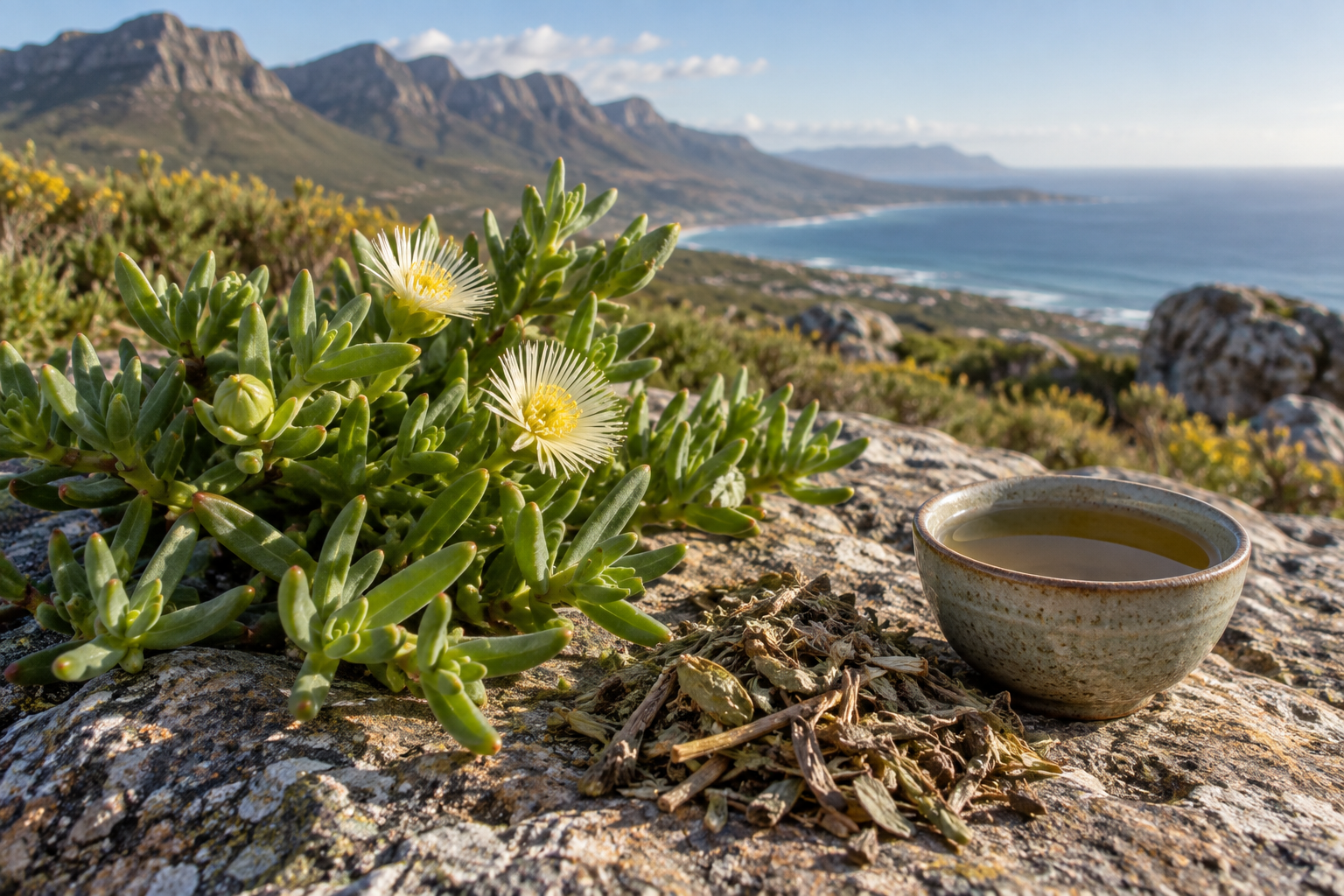 Sceletium plant and herbal infusion in a South African landscape