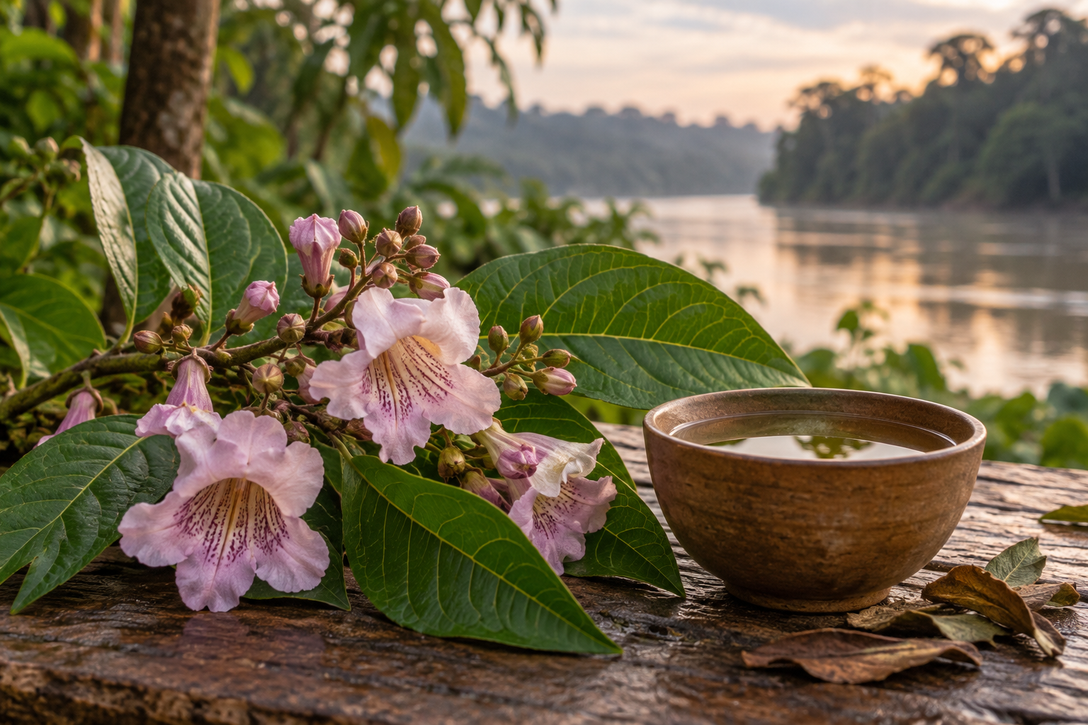 Ruby hibiscus tea with roselle calyces and green leaves