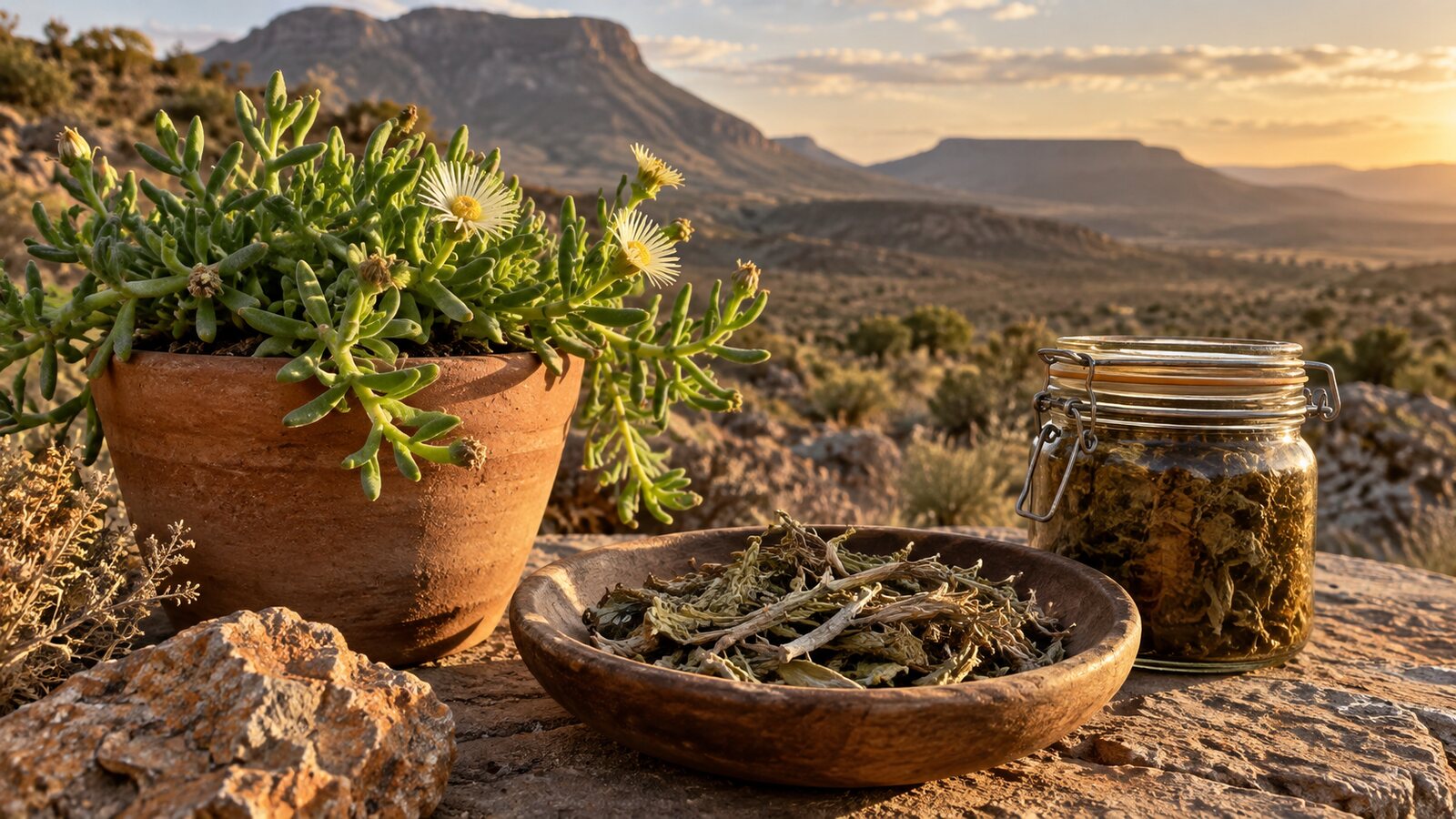 Sceletium succulent with dried plant material and a fermentation jar in a Karoo landscape