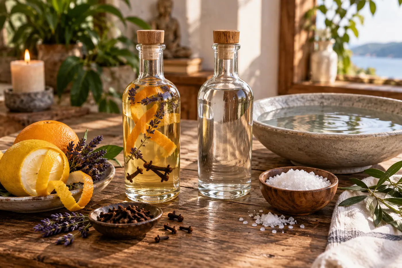 Two unlabelled ritual bottles with citrus, lavender, cloves, clear water and sea salt