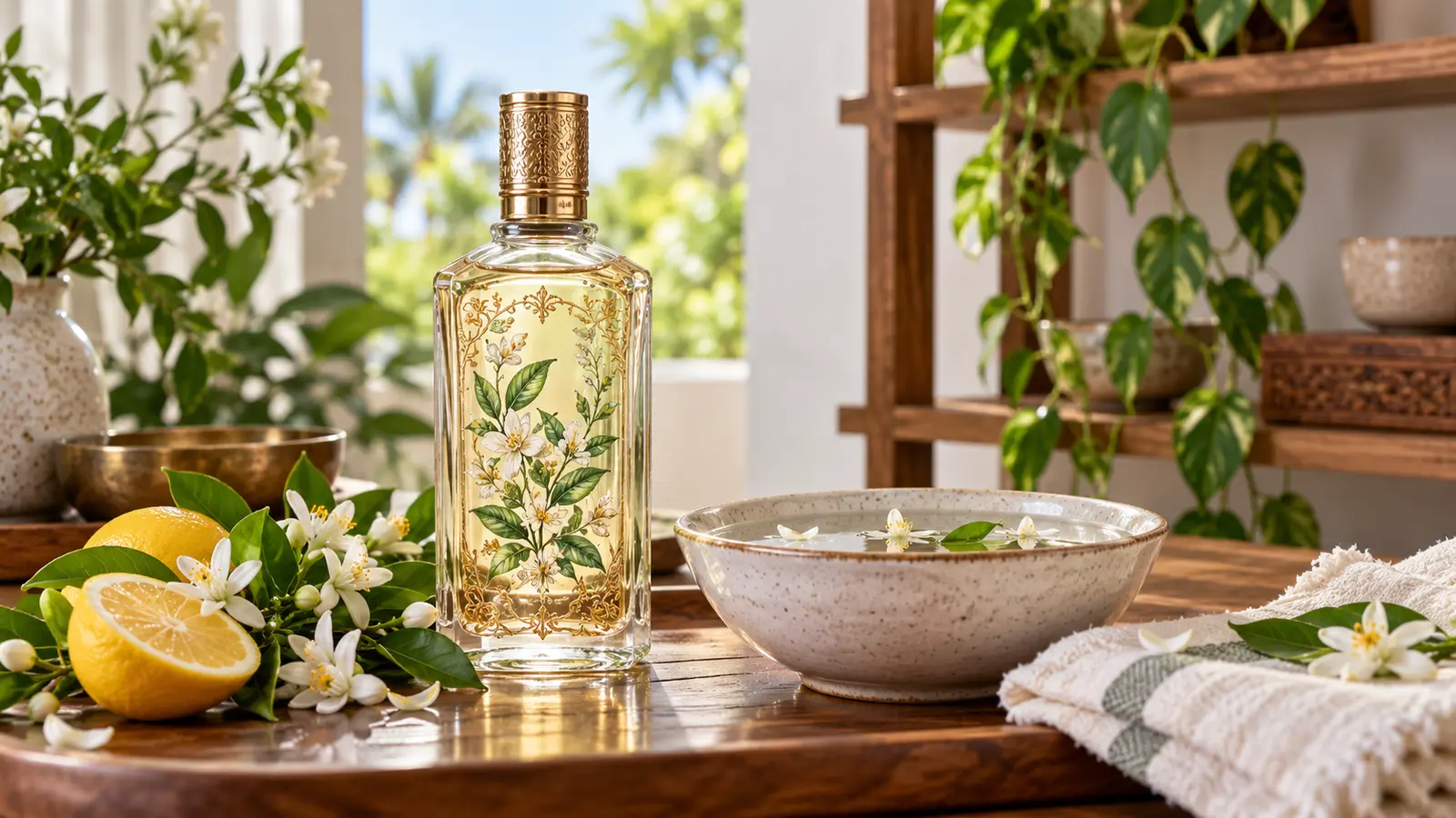 Unbranded botanical cologne bottle with a water bowl and citrus blossoms, away from flame