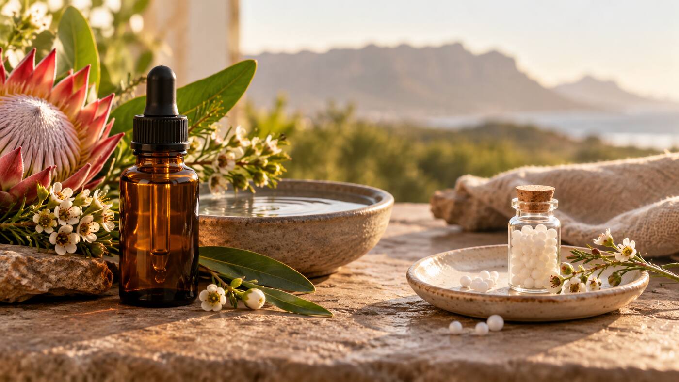 Flower essence dropper bottle beside flowers and water, compared with a vial of homeopathic pellets