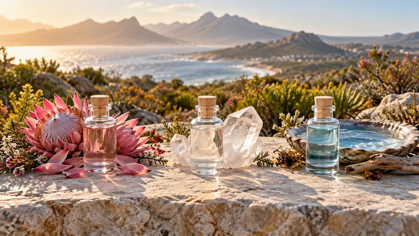 Three unbranded essence bottles beside flower petals, clear crystals and ocean water in a Cape landscape