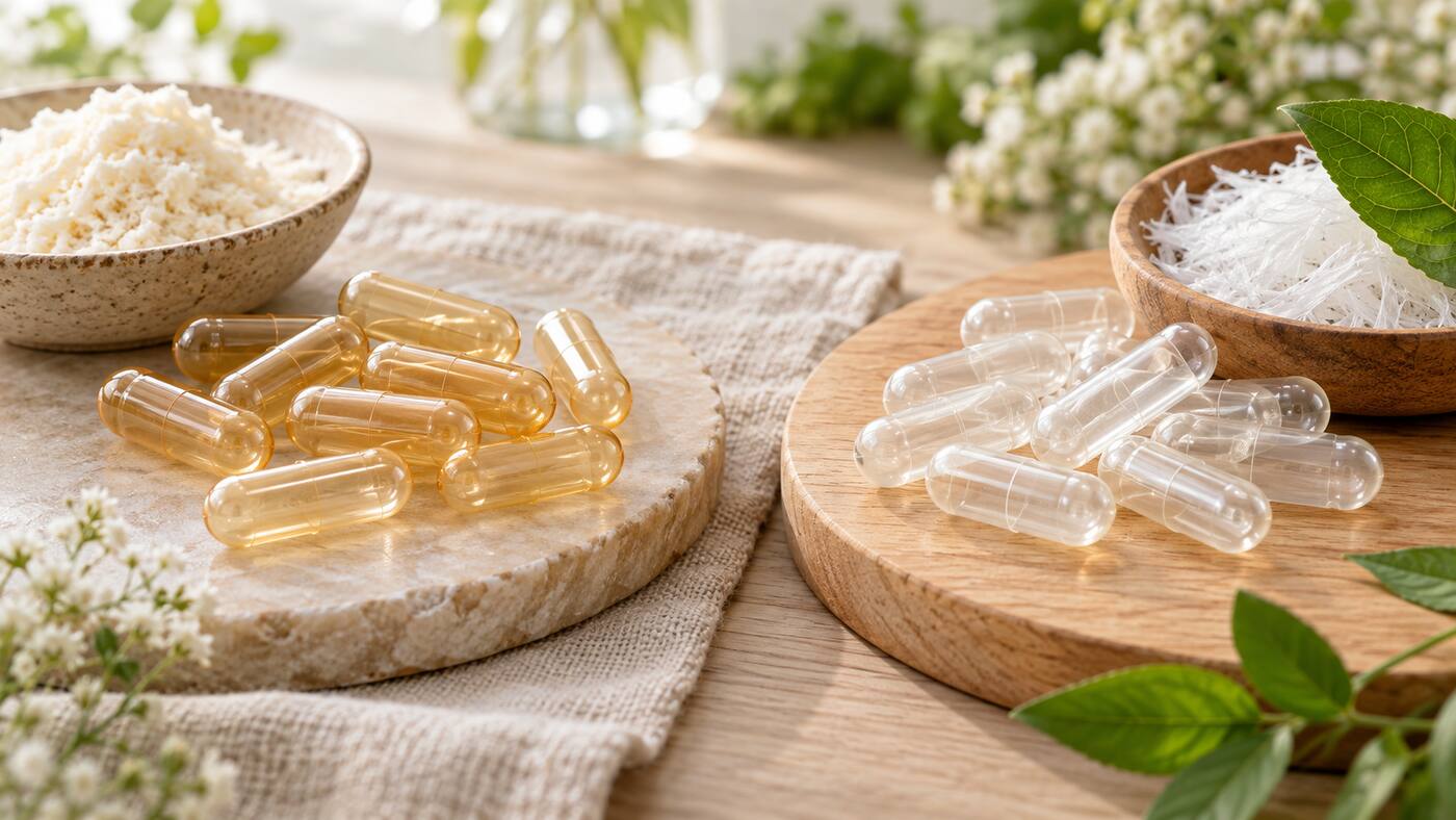 Amber gelatin capsules and clear plant-based capsules arranged equally with protein and cellulose textures