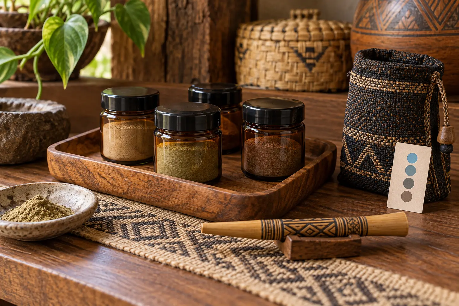 Airtight amber jars of traditional botanical powders stored on a dry wooden tray beside a clean bamboo Kuripé