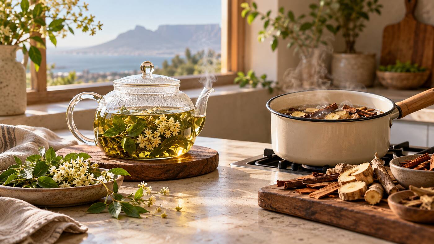 Herbal leaf and flower infusion beside a simmering root and bark decoction