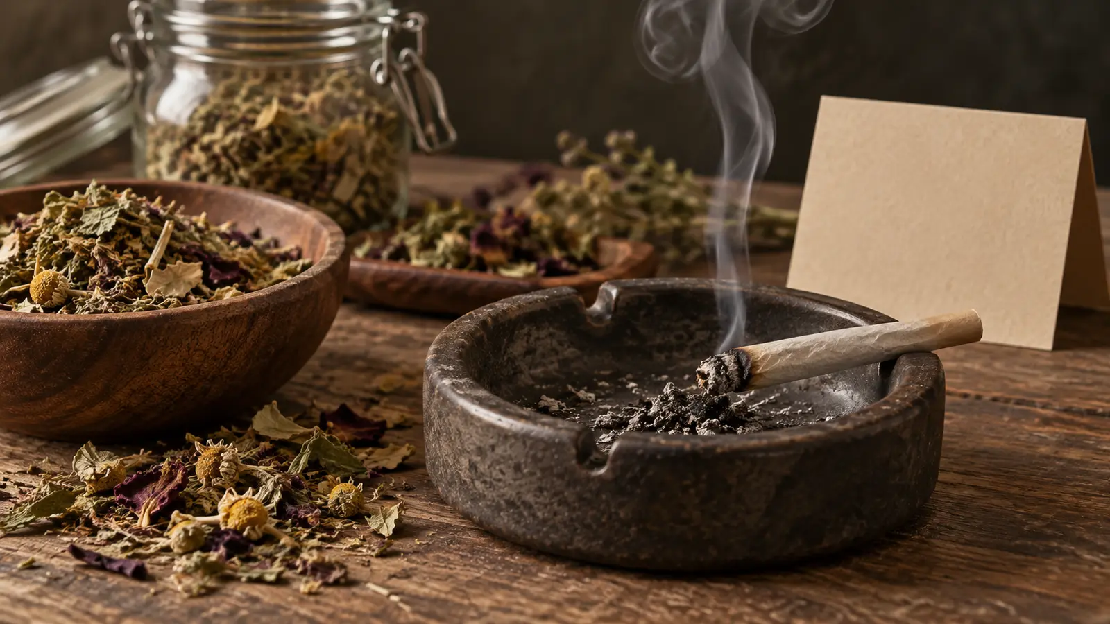 Dried herbal smoking blend and a smoking herbal roll in an ashtray