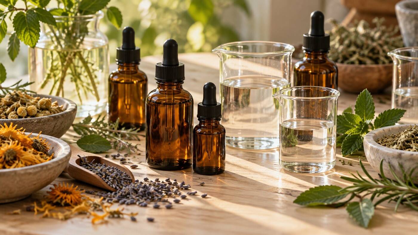 Amber herbal tincture bottles, clear liquids and dried botanicals on a wooden table