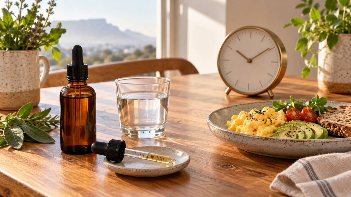 Amber herbal tincture, water, breakfast and a clock on a sunlit table