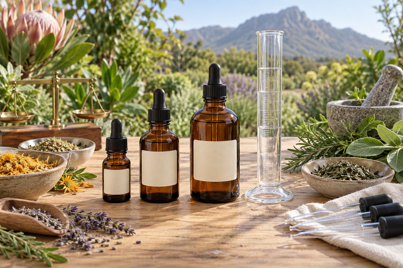 Three amber herbal tincture bottles with measuring glassware and dried botanicals