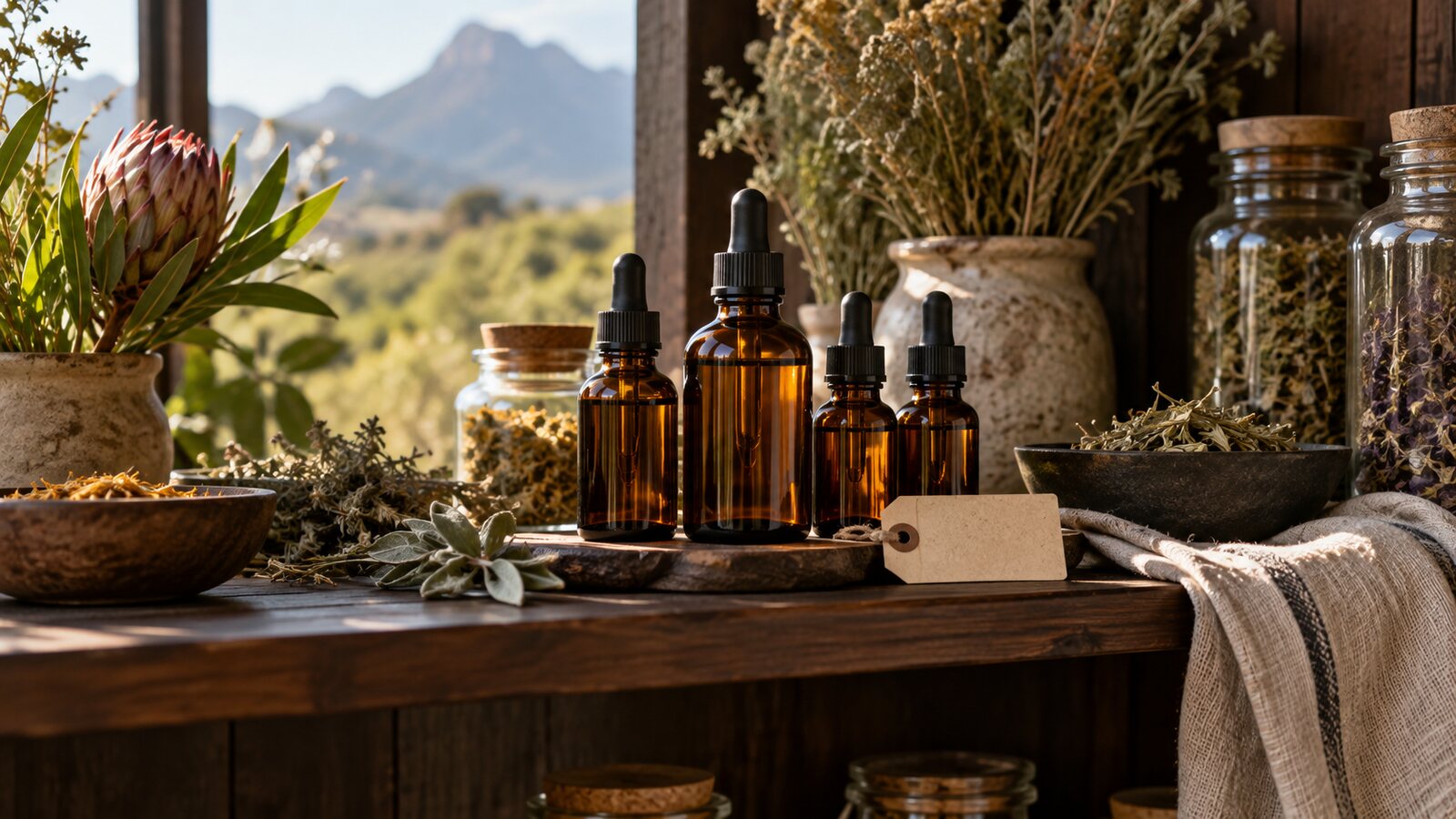 Amber herbal tincture bottles stored on a shaded apothecary shelf
