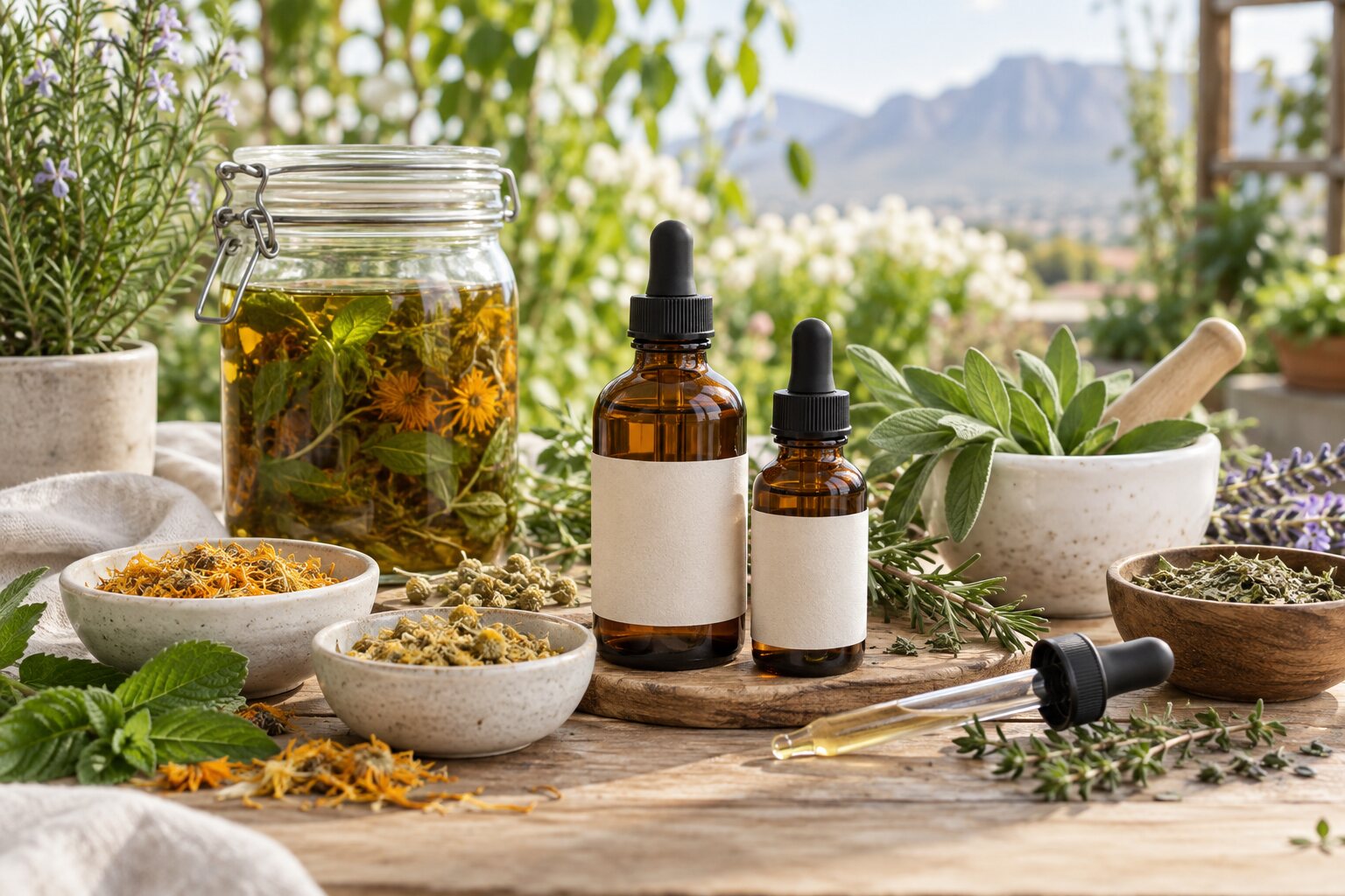 Amber herbal tincture bottles with fresh and dried botanicals on a natural workbench