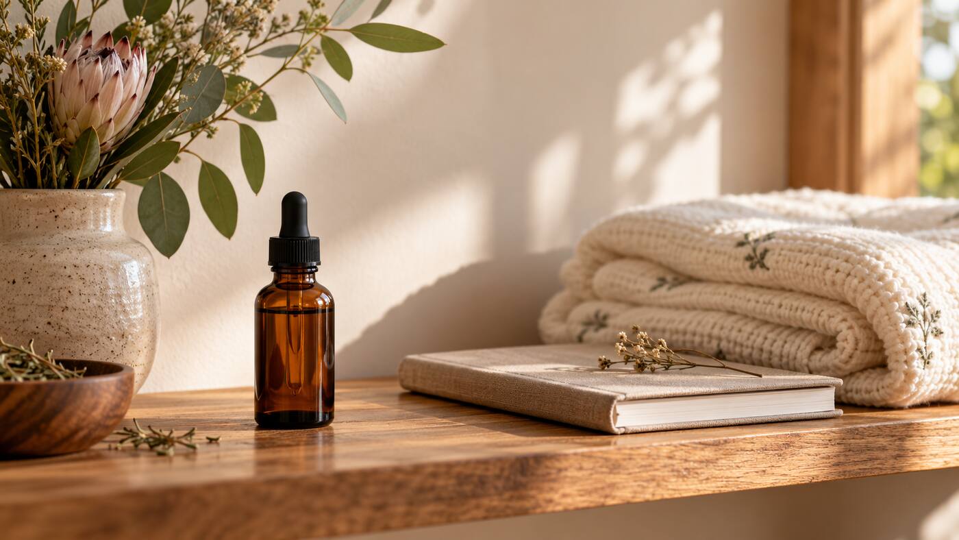 Amber herbal tincture bottle set apart from a folded baby blanket and closed notebook