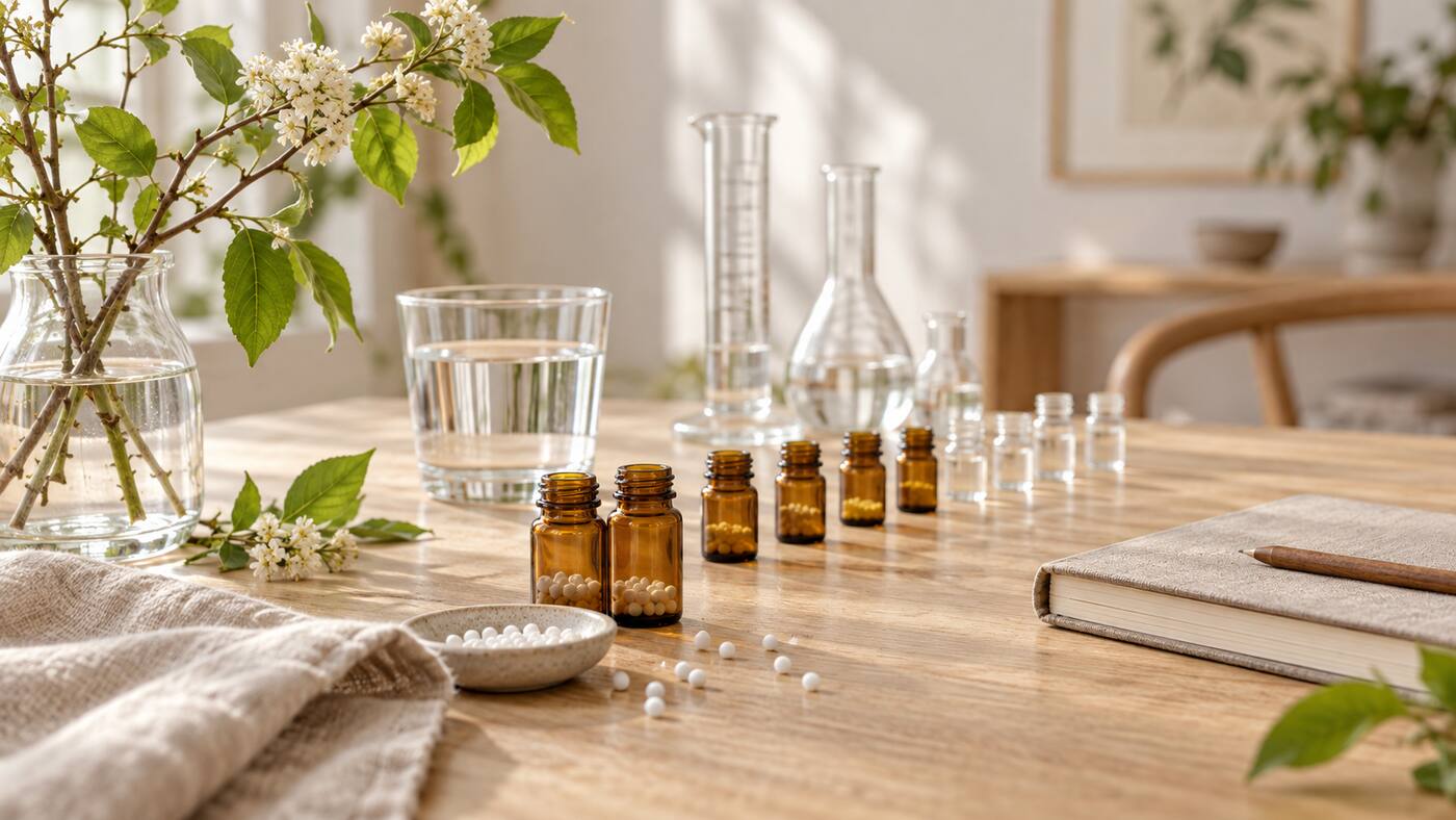 Unbranded amber homeopathic vials and dilution glassware on a calm consultation desk