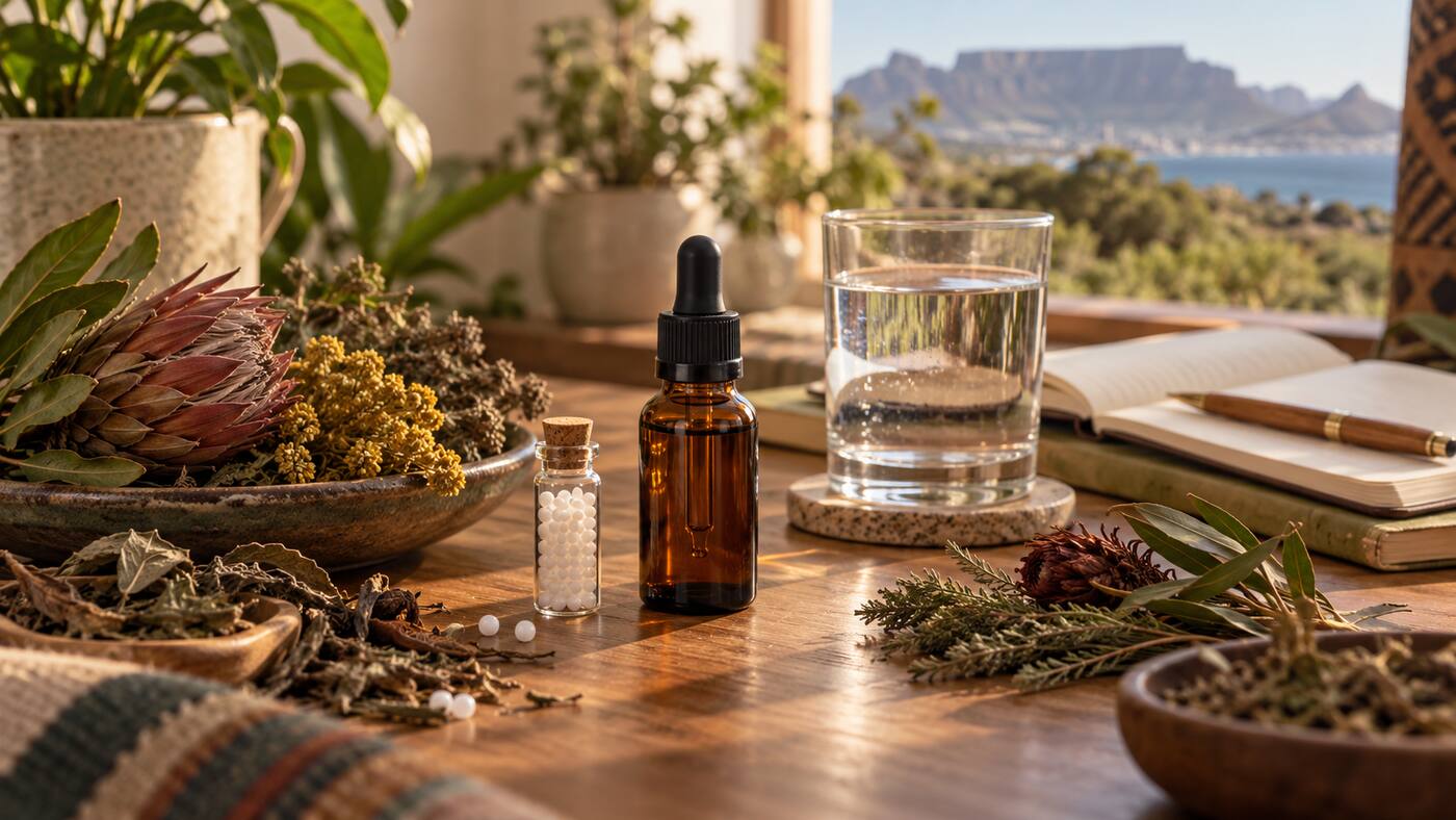 Homeopathic remedy vial and herbal tincture displayed with botanicals on a consultation desk