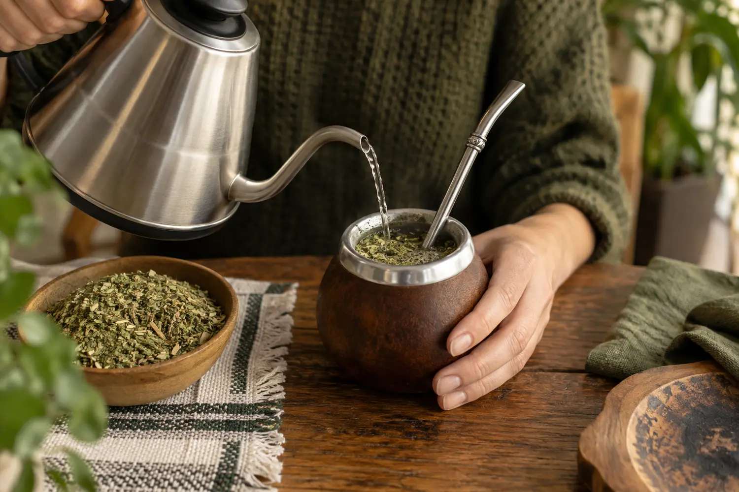 Preparing loose-leaf Yerba Maté with a gourd, bombilla and kettle