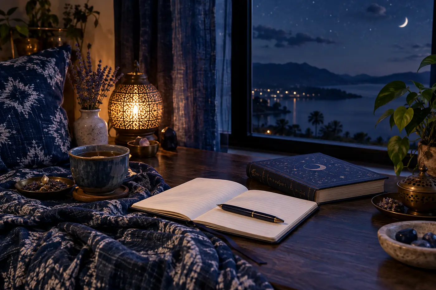 Indigo-toned evening room with journal, herbal tea, soft lamp and crescent moon outside