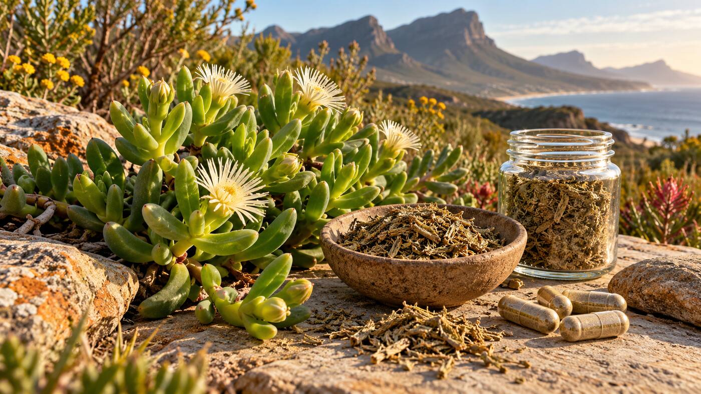 Sceletium succulent, dried plant material and unbranded capsules in a South African landscape