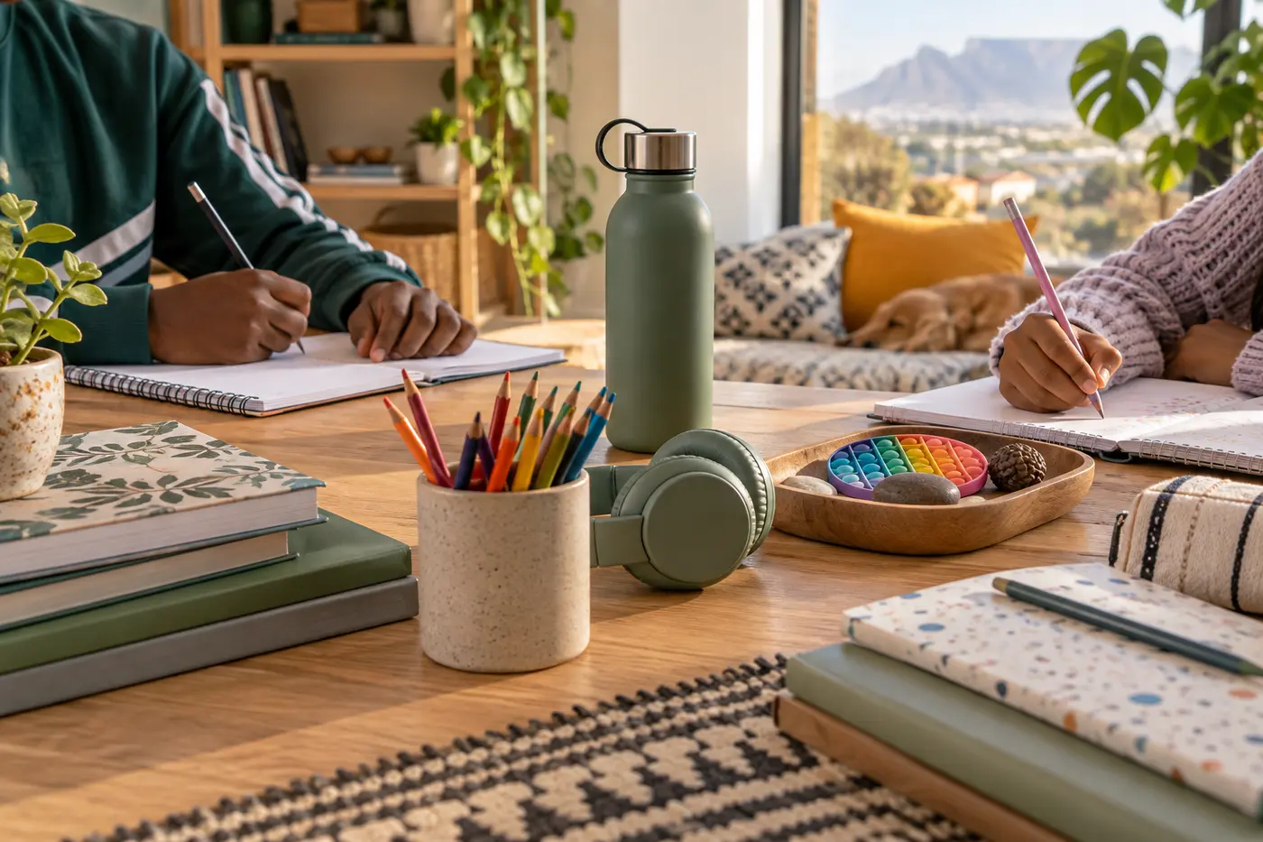Calm study space with notebooks, headphones, sensory tools and a water bottle for children and teenagers