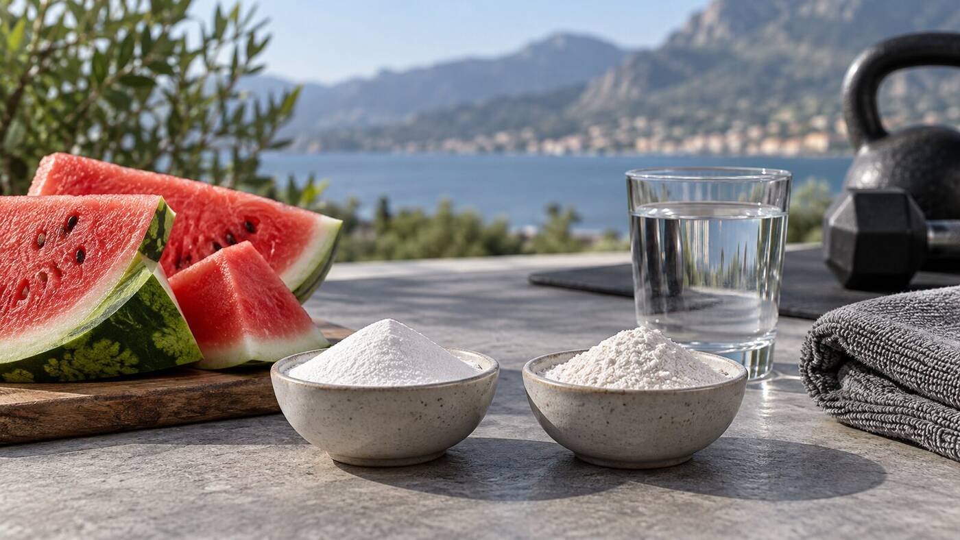 Watermelon, two bowls of supplement powder and exercise accessories comparing citrulline forms
