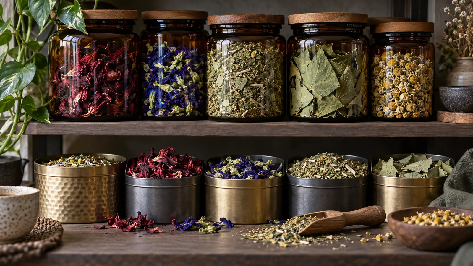 Loose-leaf herbal teas stored in airtight amber jars and metal tins