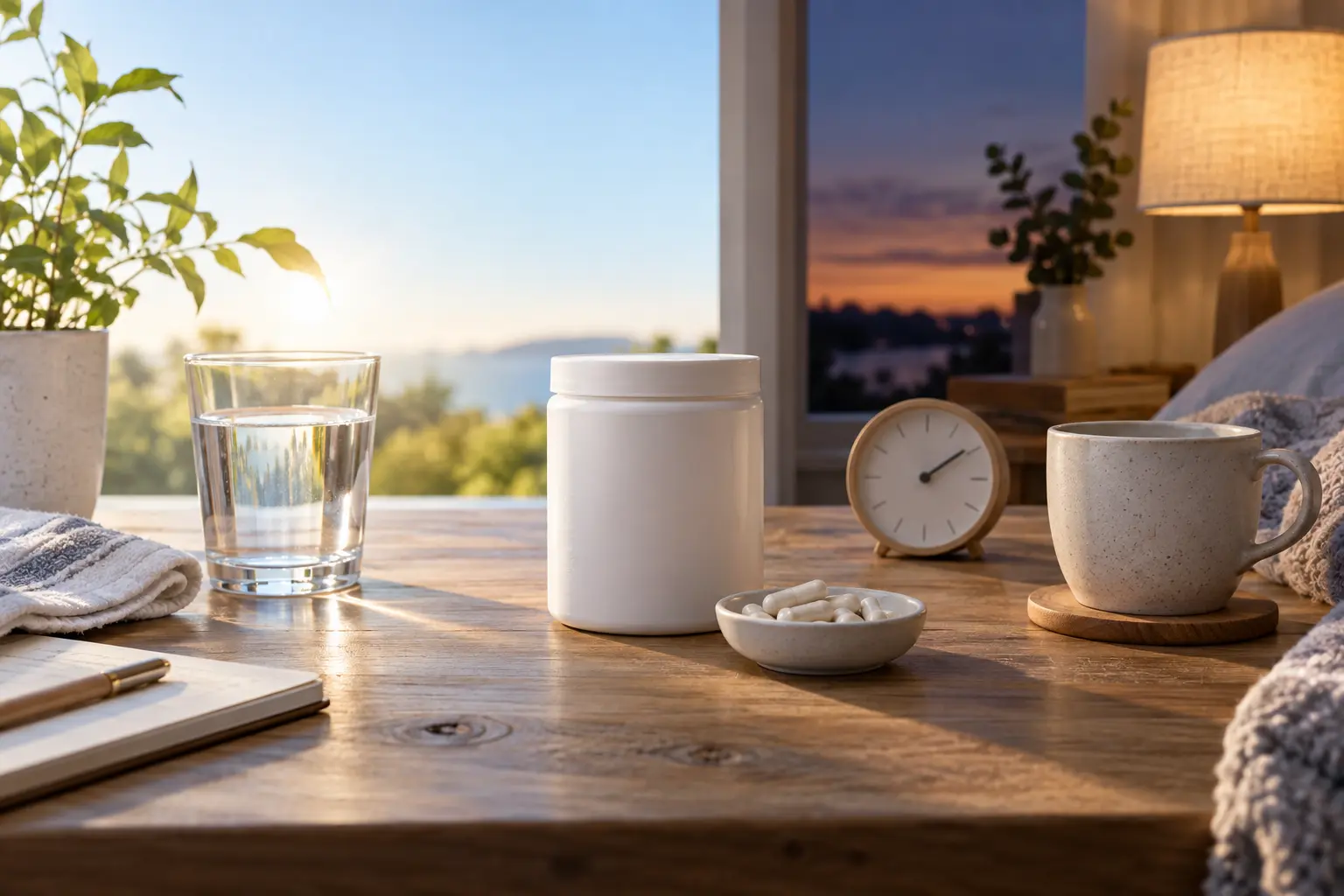 An unlabelled magnesium jar between a bright morning glass of water and a calm evening bedside cup